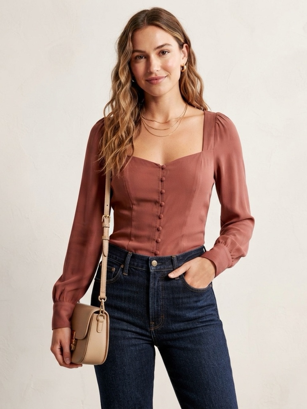 Abercrombie Fitch Sweetheart Button Front Blouse Rust Long Sleeve Cottagecore XS